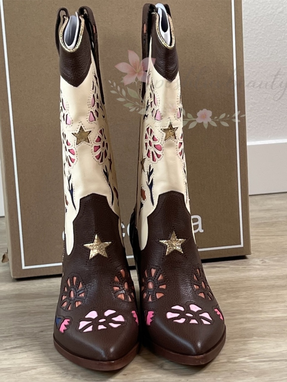 Dolce Vita Floral Cutout Western Cowboy Boots Heeled Leather 7.5 NWT